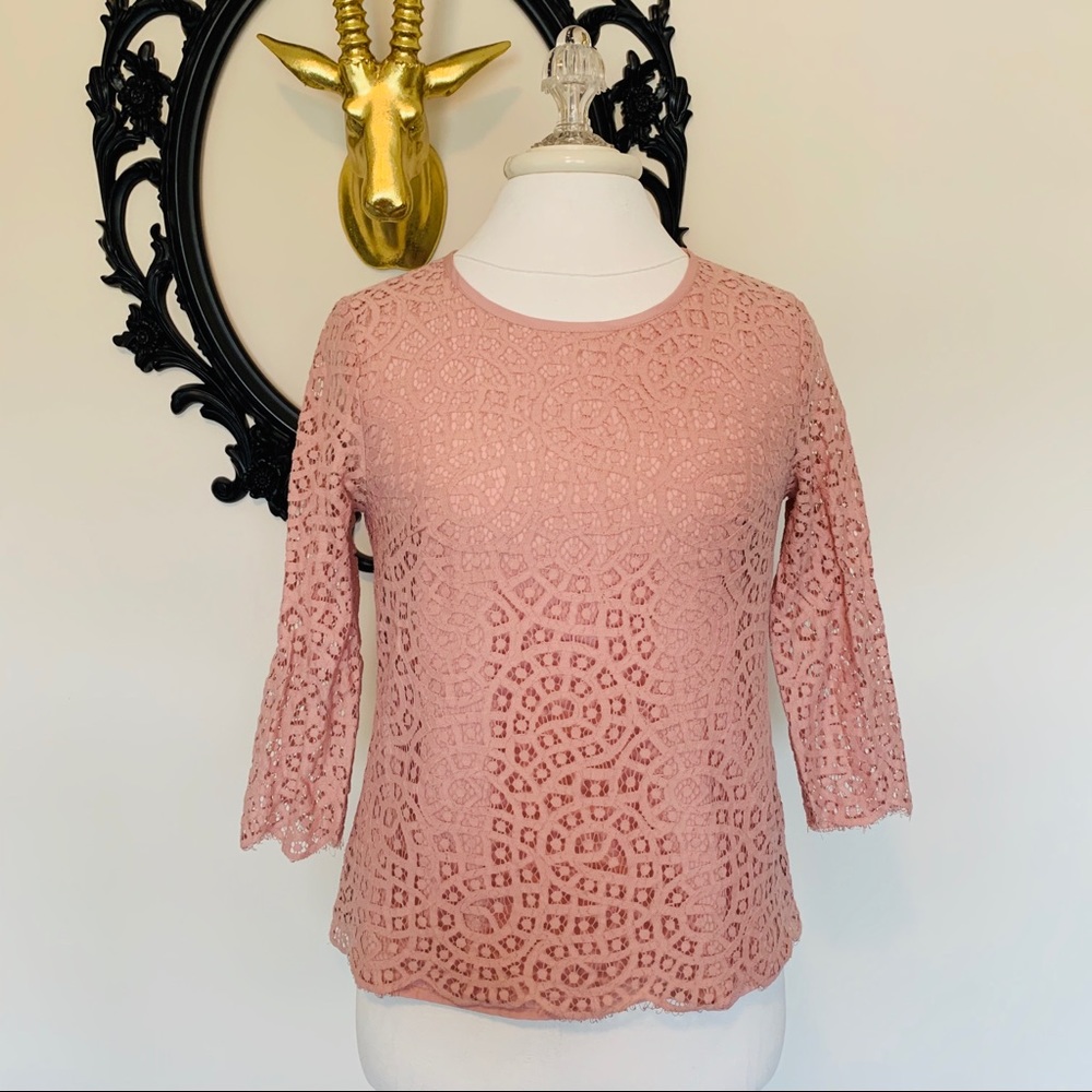 J. Crew Pink Lace Top with 3/4 Sleeves